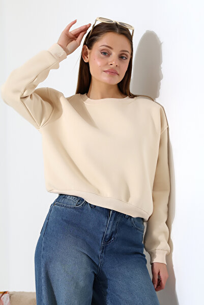 Endies Fleece-Lined Oversized Crew Neck Wide Fit Sweatshirt 21614 Stone