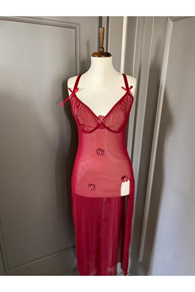 VEGA İÇ GİYİM Kırmızı Çiçek İşlemeli Uzun Transparan Gecelik