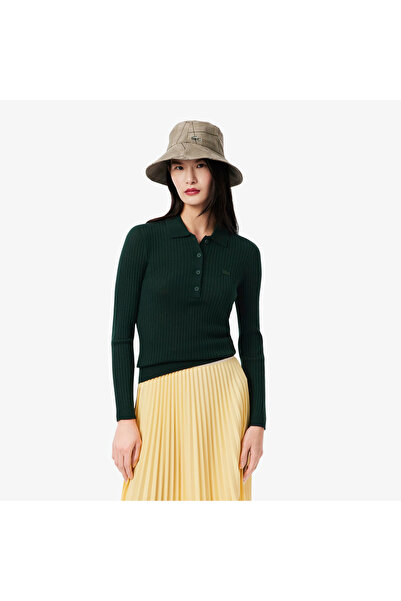 Lacoste Kadın Regular Fit Polo Yaka Yeşil Kazak