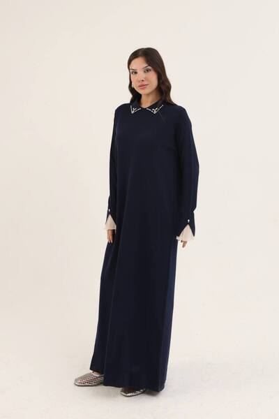 CELTMODA Women's Mercerized Dress with Stone Detail on the Collar - Navy Blue