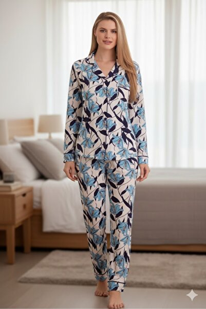 Dorelux Costum de pijama din viscoză moale, cu guler și nasturi în față, sezo...