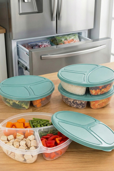 Poomy 4-Piece Deep Freezer & Freezer Storage Container Set - 700 ml 3-Compartment Freezer Organizer