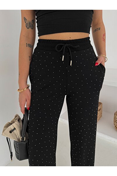 ASELONTEKSTİL بنطلون رياضي نسائي واسع الساقين من قماش المودال المرصع بالحجارة