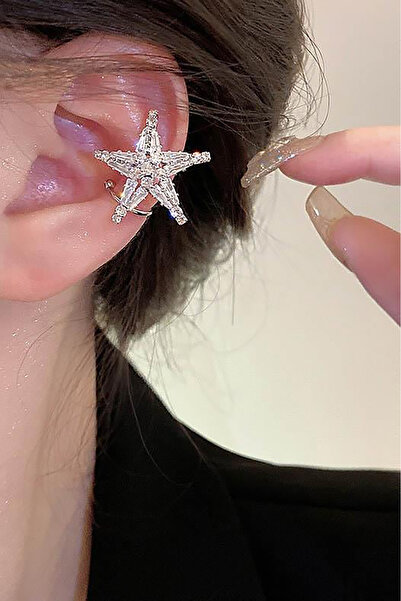 TAKIŞTIR Gümüş Renk Yıldız Figürlü 14K Altın Kaplama TX Ear Cuff (Tek)