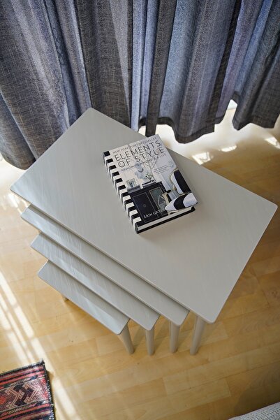 Luvimo 4lü Zigon Sehpa Gri Gümüş Desenli Lüx Mdf Full Lake Boya Parlak Cila G...