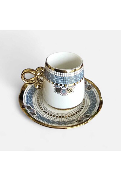 SELENA Lüks Mozaik Desenli 6’lı Kahve Fincan Takımı – Altın Kulplu Premium Seramik