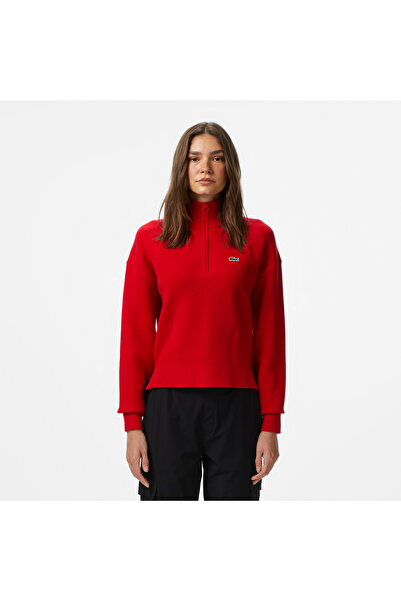 Lacoste Kadın Relaxed Fit Yarım Fermuarlı Kırmızı Kazak
