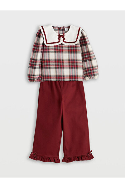 LC Waikiki LCW Kids Блуза и панталони за момичета в бордо с бебешка яка и тартан