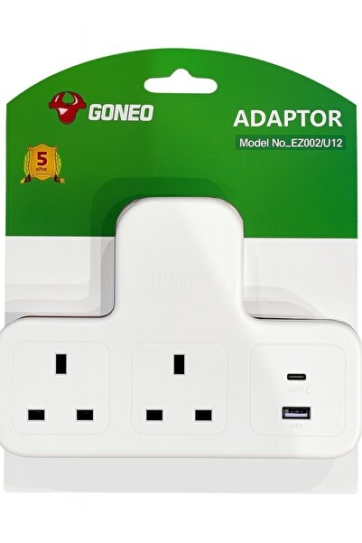 GONEO Dual Socket Adapter with USB-A & USB-C Ports, 3250W Power, 13A Fuse, SASO Certified – Gulf C