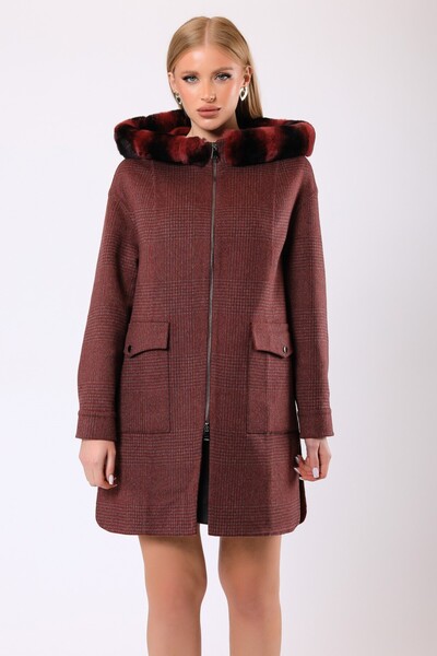 Leather Club Bordo Hakiki Deri Aksesuarlı Kaşmir Kaban