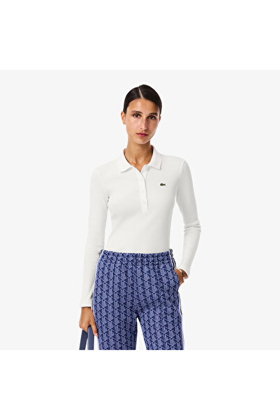 Lacoste L.12.D Kadın Slim Fit Uzun Kollu Organik Pamuk Beyaz Polo
