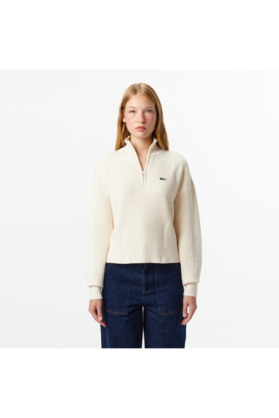 Lacoste Kadın Relaxed Fit Yarım Fermuarlı Krem Kazak