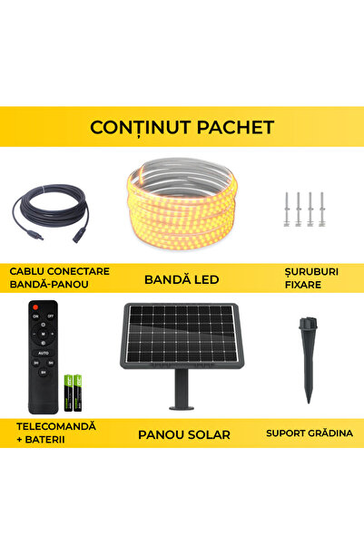 TrendyLux Kit Banda LED Alb-Cald, 5 Metri, Panou Solar Monocristalin, 50W, IP65