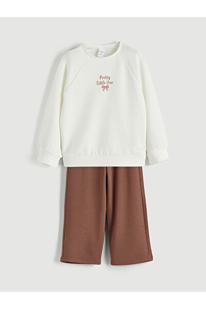 LC Waikiki Εκρού με τύπωμα Σετ φούτερ και παντελόνι για κορίτσια 2-τεμάχια