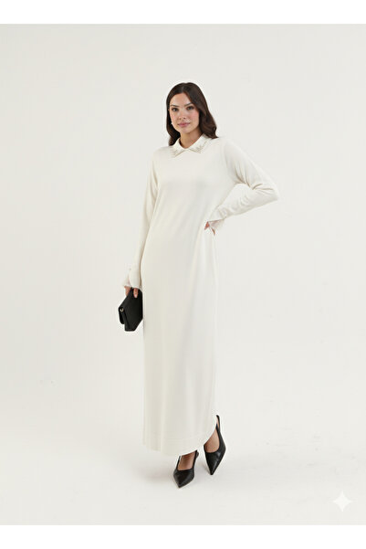 CELTMODA Women's Mercerized Dress with Stone Detail on the Collar - Ecru