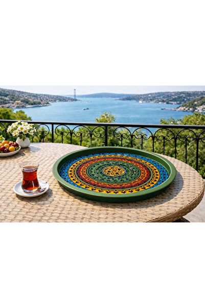 ATAGİFT HEDİYELİK Yeşil Çerçeveli Anadolu Motifli Yuvarlak Çay Kahve Metal Te...