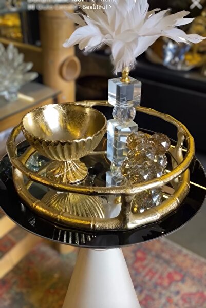 LEMİ DEKORASYON İthal Döküm Gold Yuvarlak Dekoratif Bambu Aynalı Tepsi 34 Cm