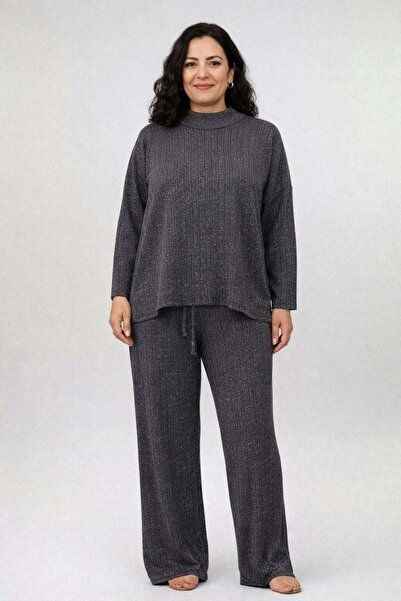 bezeXL Plus Size Glitter Knitwear Set with Stones on the Sides Gray