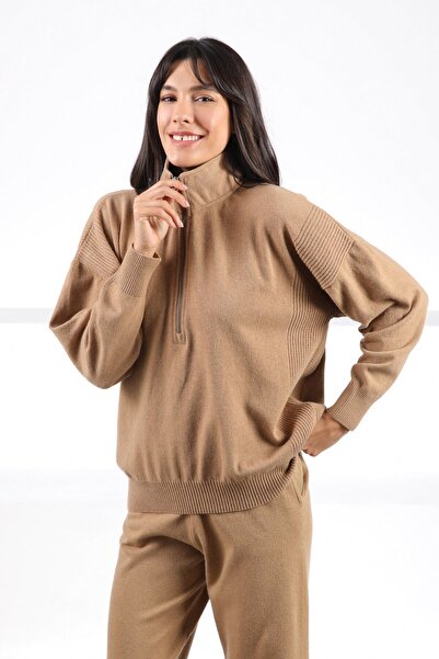 Ferraro Camel Long Sleeve Half Turtleneck Zippered Cashmere Women's Knitwear Sweater