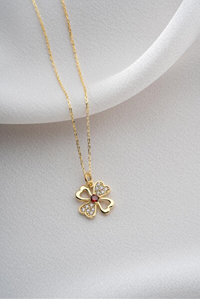 Two Arts Kadın 925 Ayar Gümüş Yarım Zirkon Taşlı Yonca Kolye | 14K Altın Kaplama