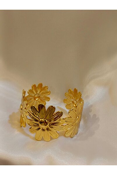 DuRu LiNe 🌼Çiçek Figürlü Gold Paslanmaz Çelik Kelepçe Bileklik