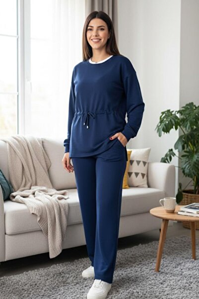 Mossta Waist Drawstring Casual Suit - Navy Blue
