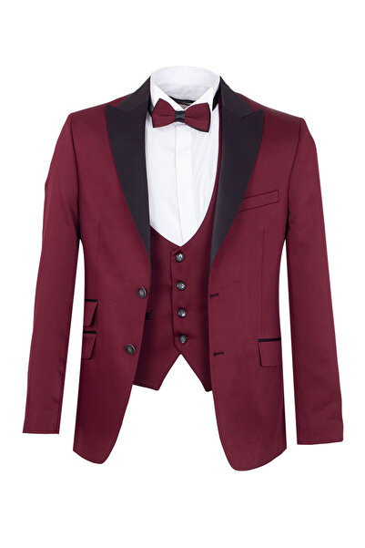 OSCAR BANKS Men's Slim Fit 3-Piece Tuxedo Set - Jacket + Vest + Bow Tie - Bur...