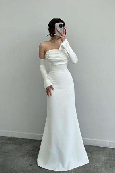 Nika Fashion Saten Kol Detaylı Abiye Elbise