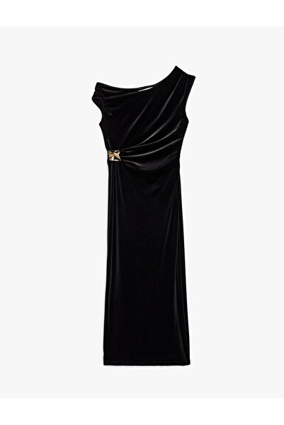 Koton Slim Fit Asimetrik Yaka Kolsuz Aksesuar Detaylı Midi Boy Kadife Elbise