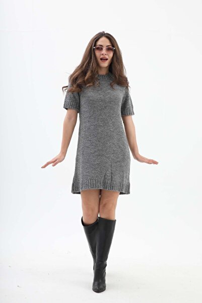 VELİZADE Kadın Gri Bisiklet Yaka Kısa Kollu Yumuşak Dokulu Kışlık Triko Elbise