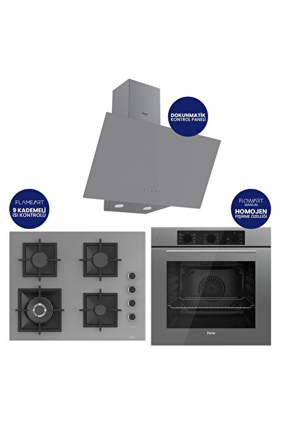 Ferre Flowart Turbolu Silentart Gri Cam Ankastre Set ( 65 CM Woklu OCAK ) QBL...