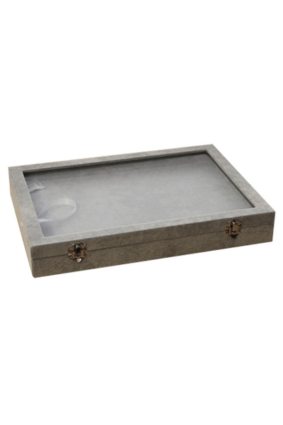 Cufarul cu margele Gray Velvet Tray with Glass Lid for Rings or Earrings 35x24x4.5cm