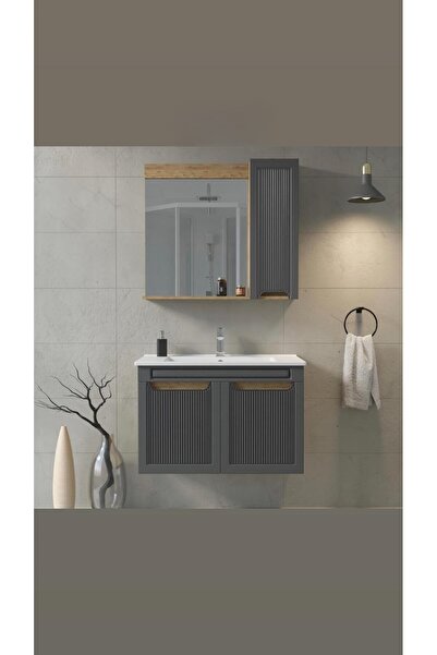 AFİ YAPI MARKET CEO Antrasit 80cm %100 MDF Lavabolu Banyo Dolabı Kare Taşlı Şık