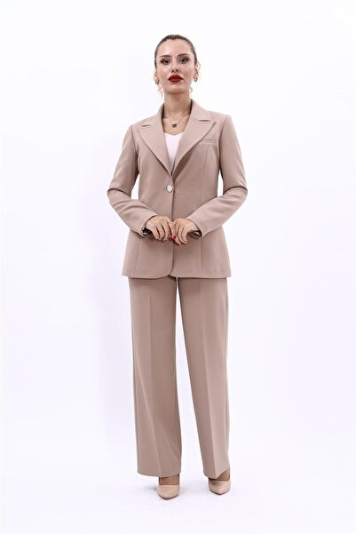 ÖNDER ÖZSOY سترة كلاسيكية بزر واحد وبنطلون واسع الساق للنساء - حجر