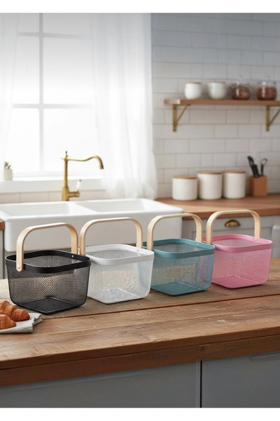 CEZVE HOME Ahşap Saplı Metal Hasır Kare Sepet Organizer Çok Amaçlı Mutfak Ban...