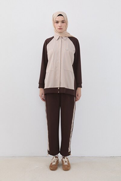 Nihan Çizgi Detaylı Örme Pantolon Tunik Takım Kahve