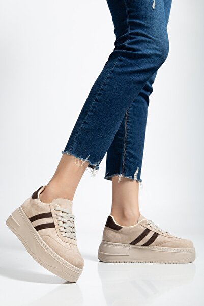 BAHRİNA Women's Beige Suede Brown Thick Soled Sneaker