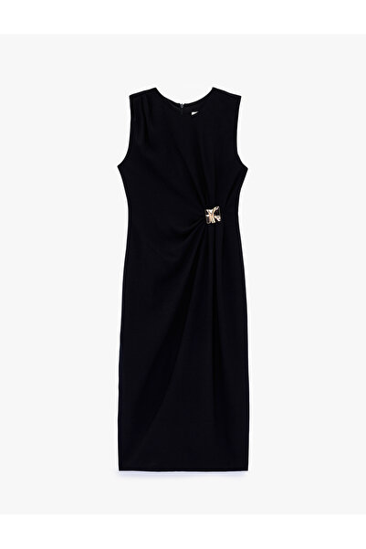 Koton Crepe Fabric Slim Fit Accessories Sleeveless Crew Neck Midi Length Drap...