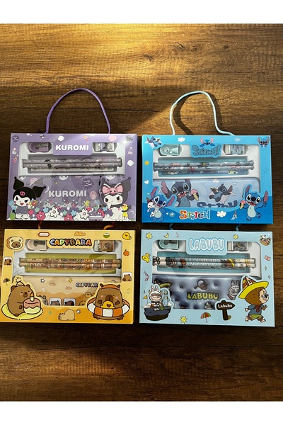 gülümse gel Kırtasiye Okul Seti 3'lü Kuromi Stich Capybara Labbubu Kalemlik Kalem Silgi Kalemtıraş Cetvel Stiç