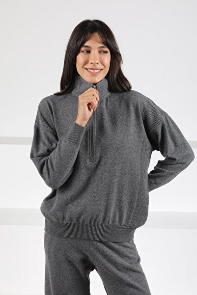 Ferraro Anthracite Long Sleeve Half Turtleneck Zippered Cashmere Women's Knitwear Sweater