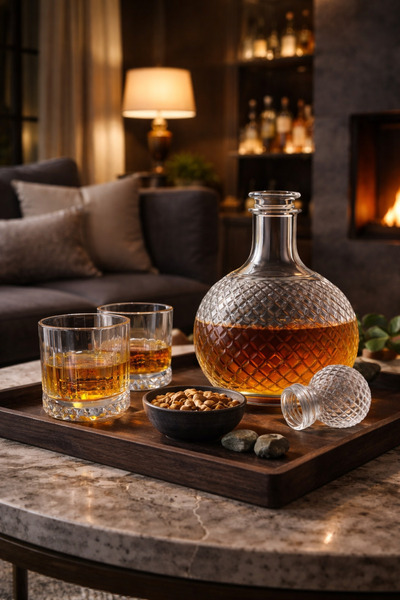 COCEM Kristal Cam Viski Karafı ve 2’li Bardak Seti | Kapaklı Şık Karaf | Ev Barı & Hediye Seti