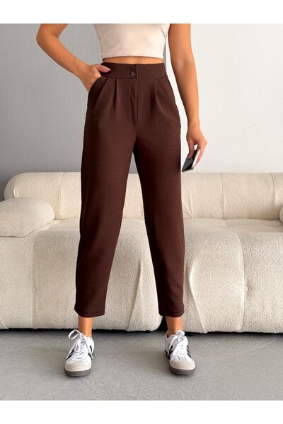 FogaModa Kahverengi Full Likralı Krep Havuç Pantolon