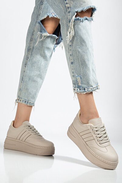 BAHRİNA Women's Beige Leather Thick Soled Sneaker