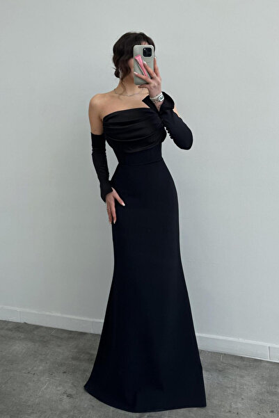 Nika Fashion Saten Kol Detaylı Abiye Elbise