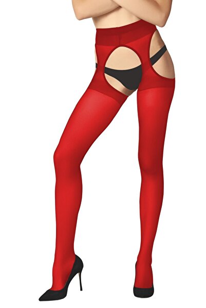 MHT Kadın Kırmızı Jartiyer Görünümlü Açık Kasık Fantezi Külotlu Çorap