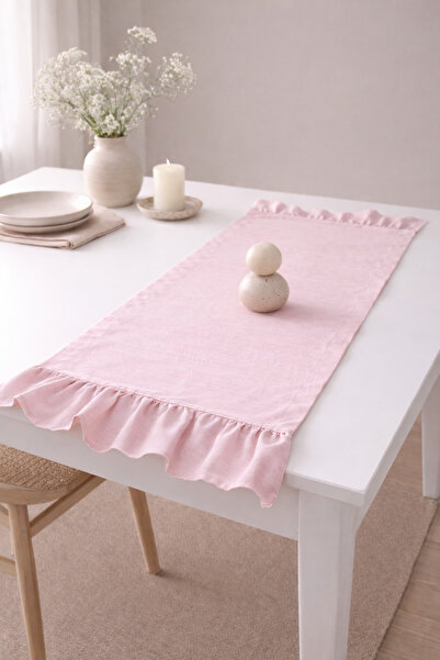 MZN Home 2 Kenar Fırfırlı Pembe Keten Runner 40x120 cm – %100 Doğal Pamuk