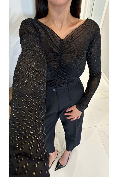 BİRCANÇİL بلوزة ليفون سوداء شفافة بجزء أمامي مزموم