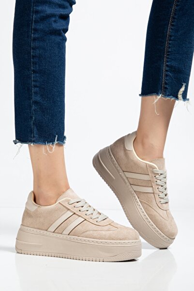 BAHRİNA Дамски бежови суедни маратонки с дебела подметка