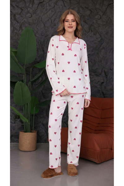 Arvin Pijama Set de pijamale confortabil pentru femei, cu model de inimă, textura moale, cu detaliu de fundătură, din bumbac, cu mâneci lungi