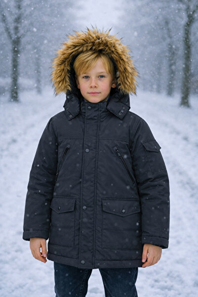 g-serko 11-15 ani Model lung de iarnă, rezistent la vânt, glugă cu pene detaș...